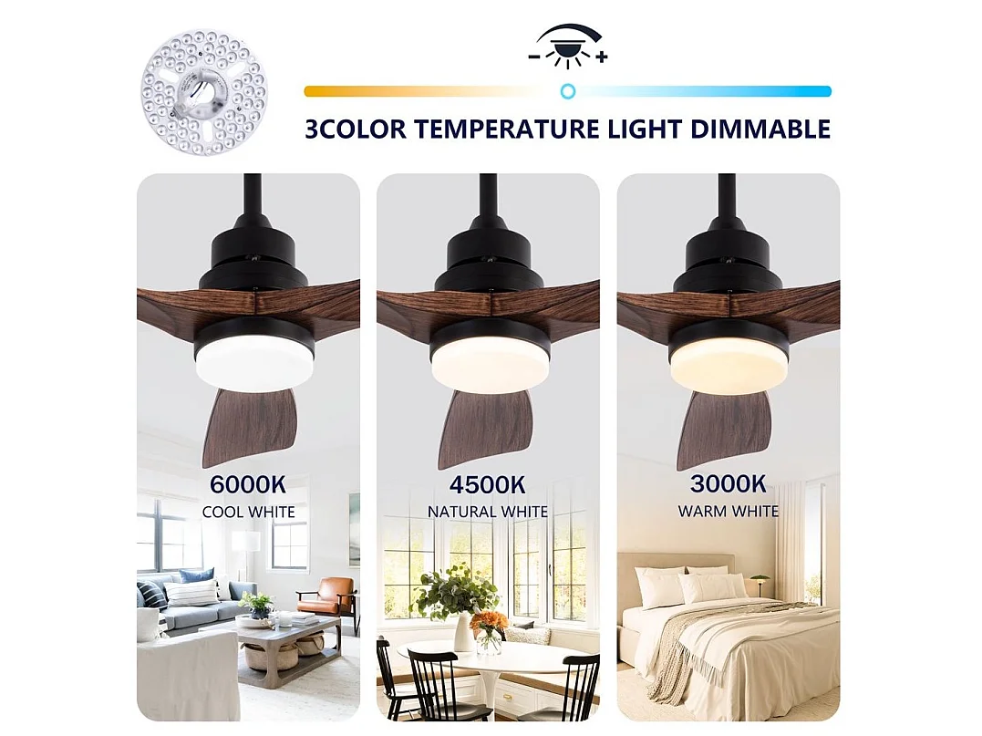 Ventilateur de plafond silencieux 107 cm avec lumière LED, télécommande, moteur DC réversible, 6 vitesses, marron
