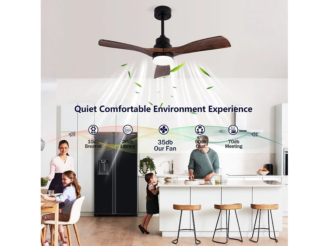 Ventilateur de plafond silencieux 107 cm avec lumière LED, télécommande, moteur DC réversible, 6 vitesses, marron