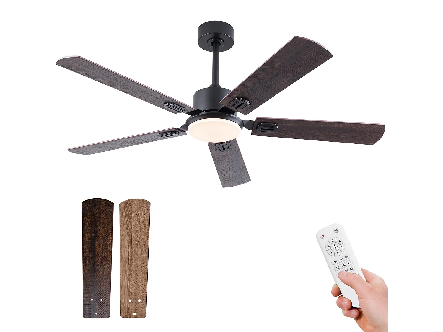 Ventilateur de plafond 132 cm, avec lumière LED, télécommande, moteur DC, 6 vitesses, réversible, noir