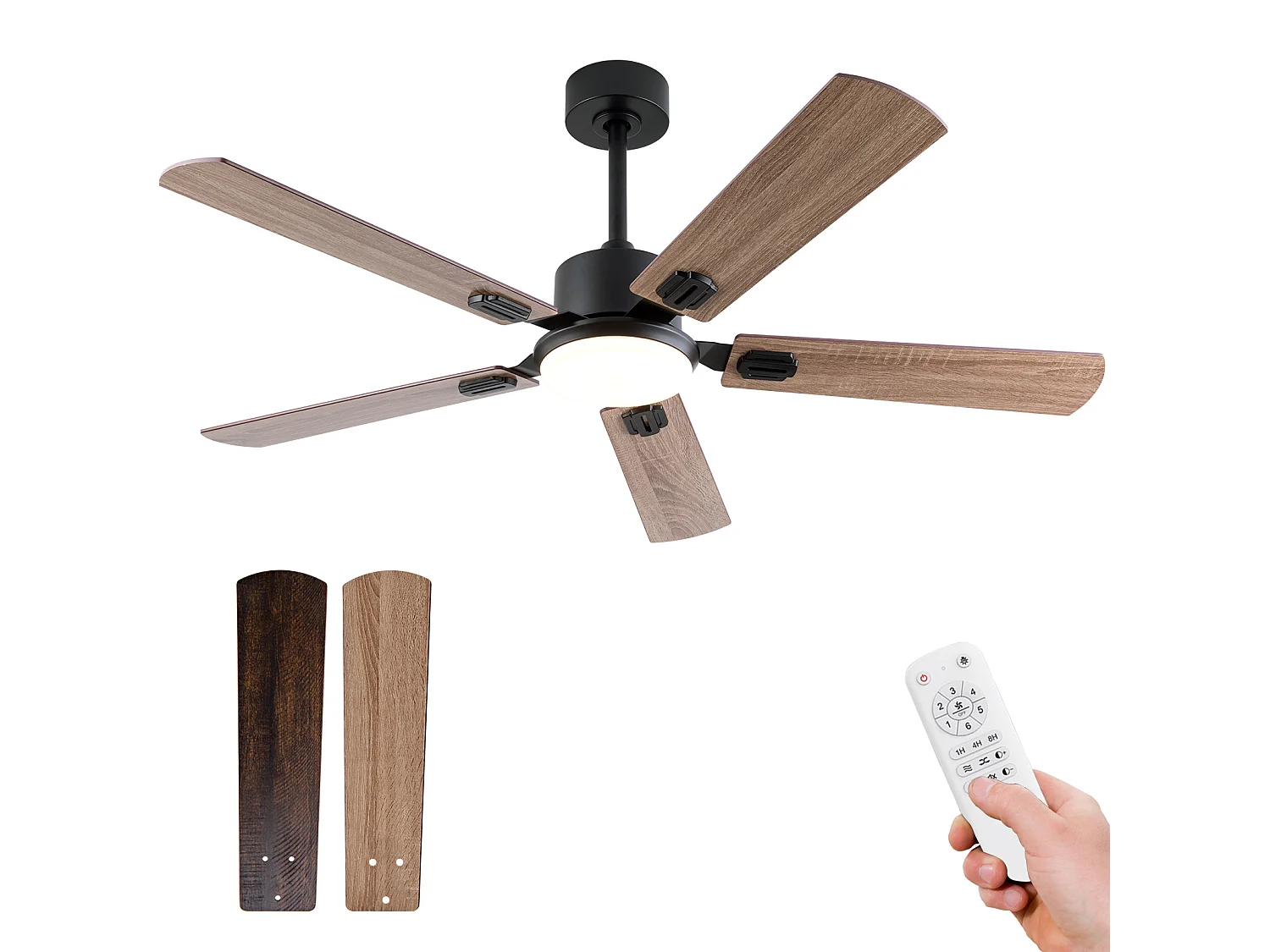 Ventilateur de plafond 132 cm, avec lumière LED, télécommande, moteur DC, 6 vitesses, réversible, noir