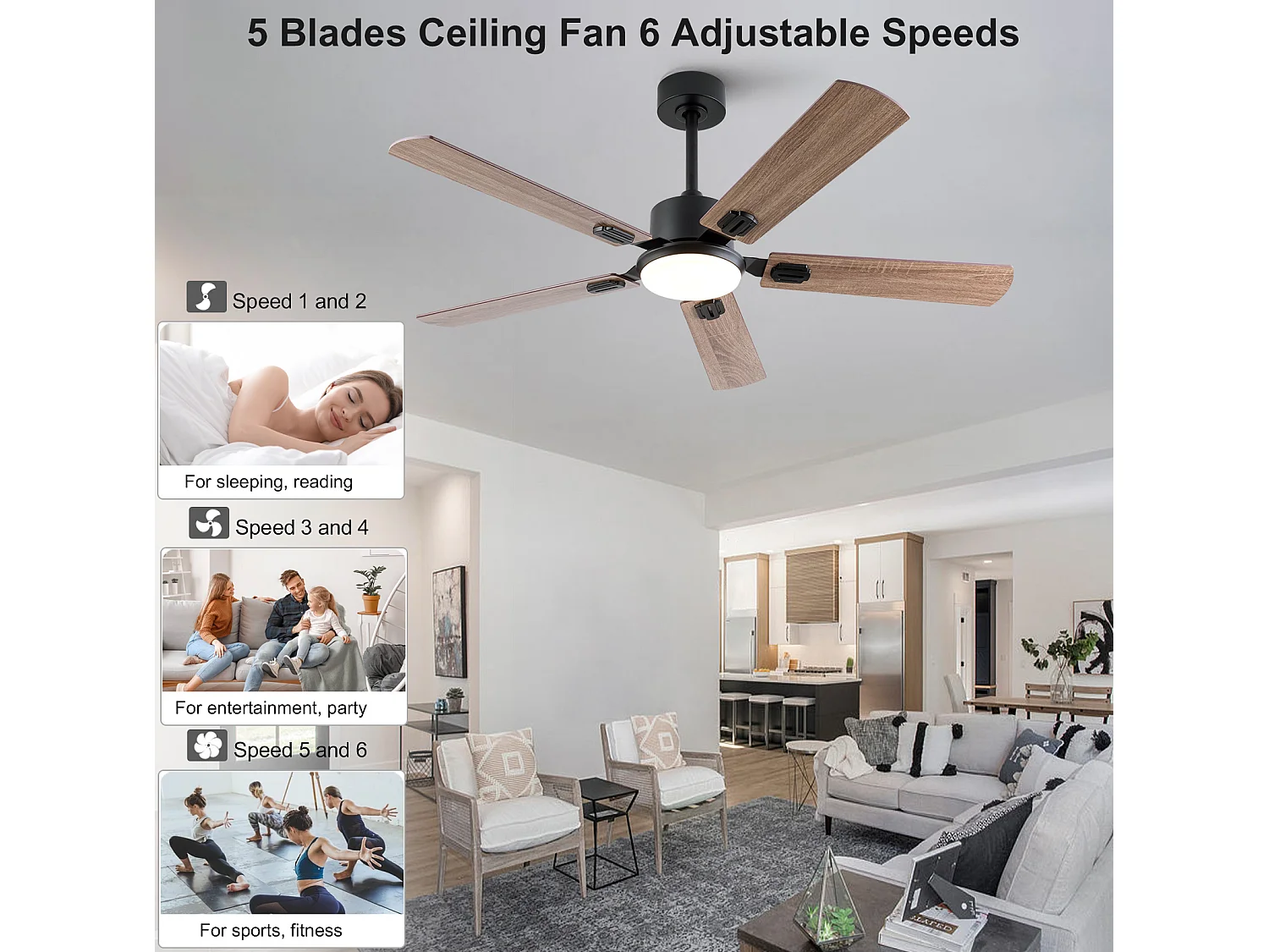Ventilateur de plafond 132 cm, avec lumière LED, télécommande, moteur DC, 6 vitesses, réversible, noir