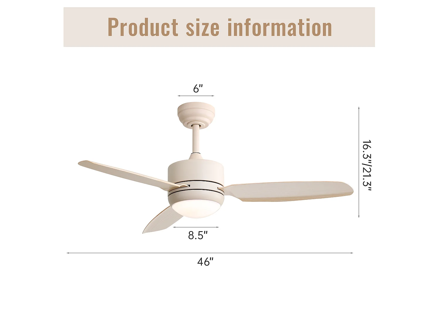 Ventilateur de plafond 117 cm, avec lumière LED, avec télécommande, moteur DC réversible, 6 vitesses, blanc cassé