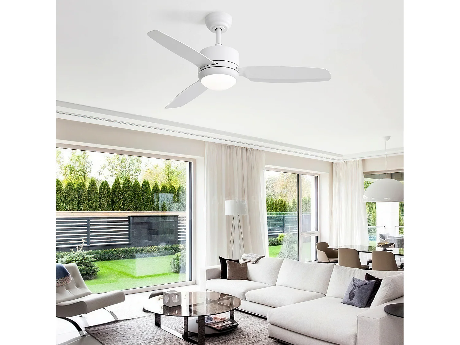Ventilateur de plafond 117 cm avec lumière LED, télécommande, silencieux, moteur DC, 6 vitesses, blanc