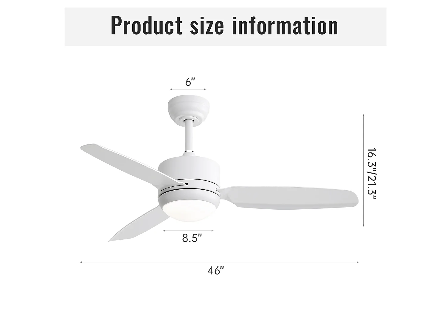 Ventilateur de plafond 117 cm avec lumière LED, télécommande, silencieux, moteur DC, 6 vitesses, blanc