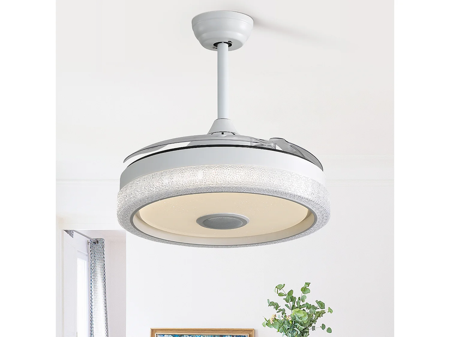 Ventilateur de plafond 106 cm avec lumière LED, télécommande, moteur DC réversible, silencieux, blanc