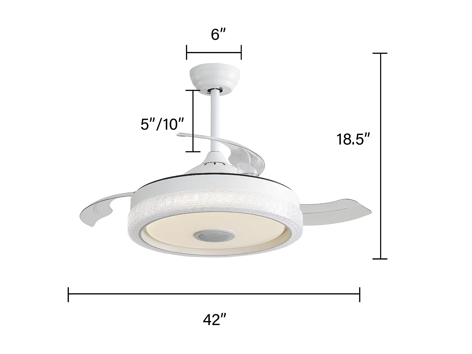 Ventilateur de plafond 106 cm avec lumière LED, télécommande, moteur DC réversible, silencieux, blanc