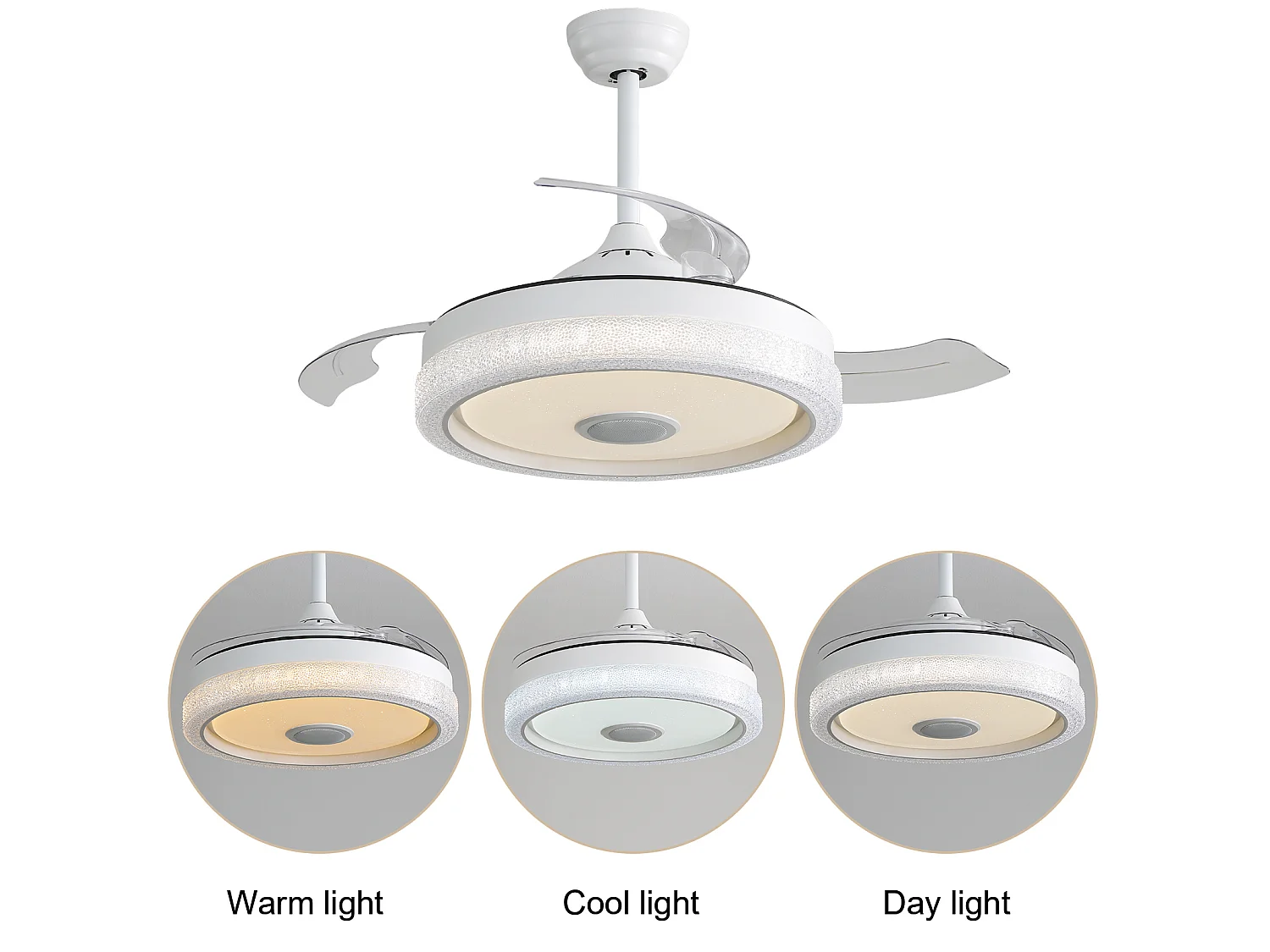Ventilateur de plafond 106 cm avec lumière LED, télécommande, moteur DC réversible, silencieux, blanc
