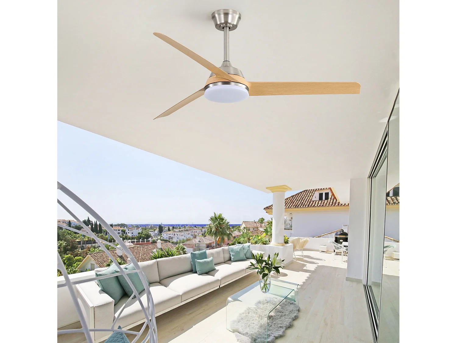 Ventilateur de plafond 132 cm avec lumière LED, télécommande, moteur DC, réversible, silencieux, naturel