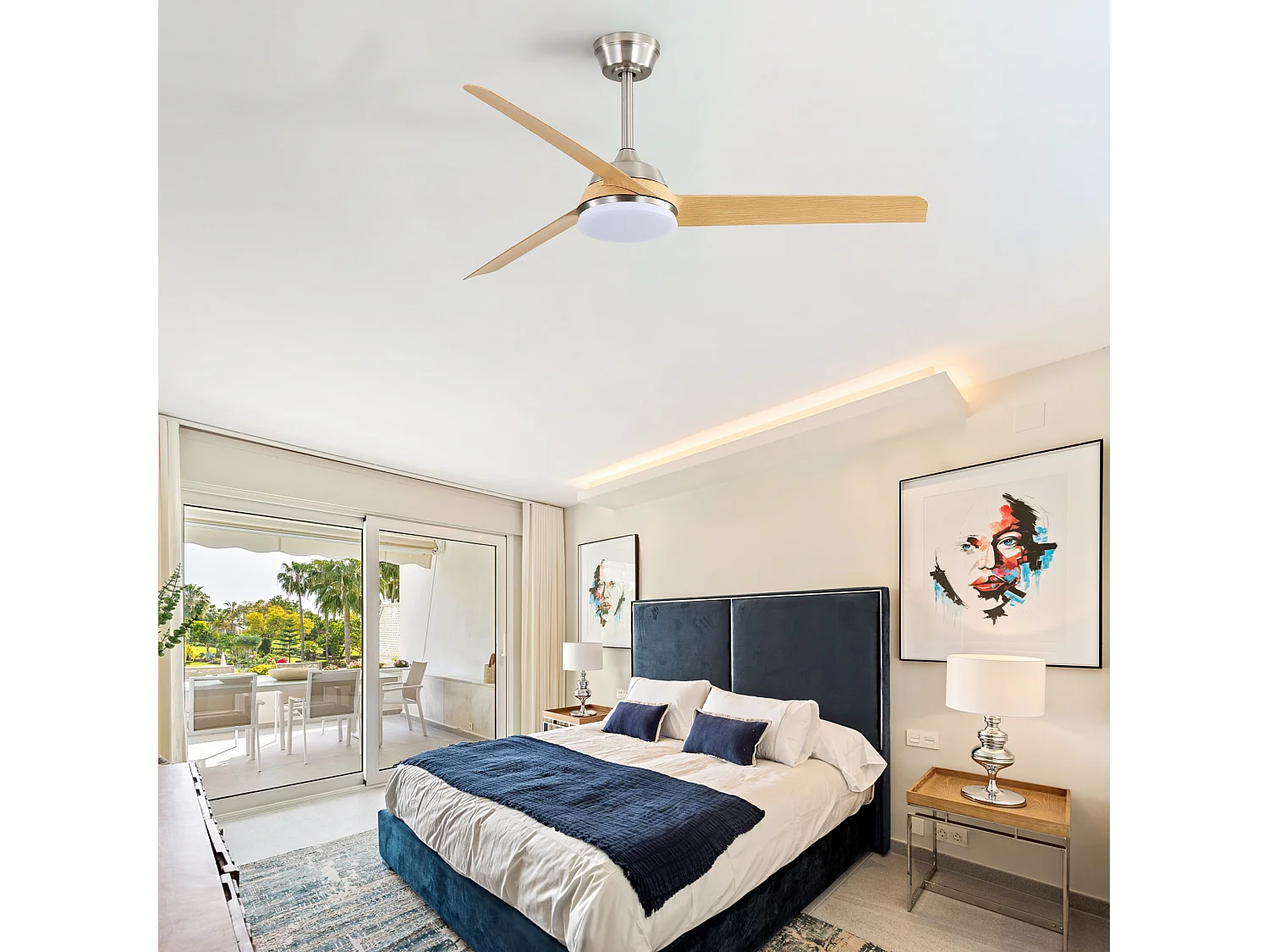 Ventilateur de plafond 132 cm avec lumière LED, télécommande, moteur DC, réversible, silencieux, naturel