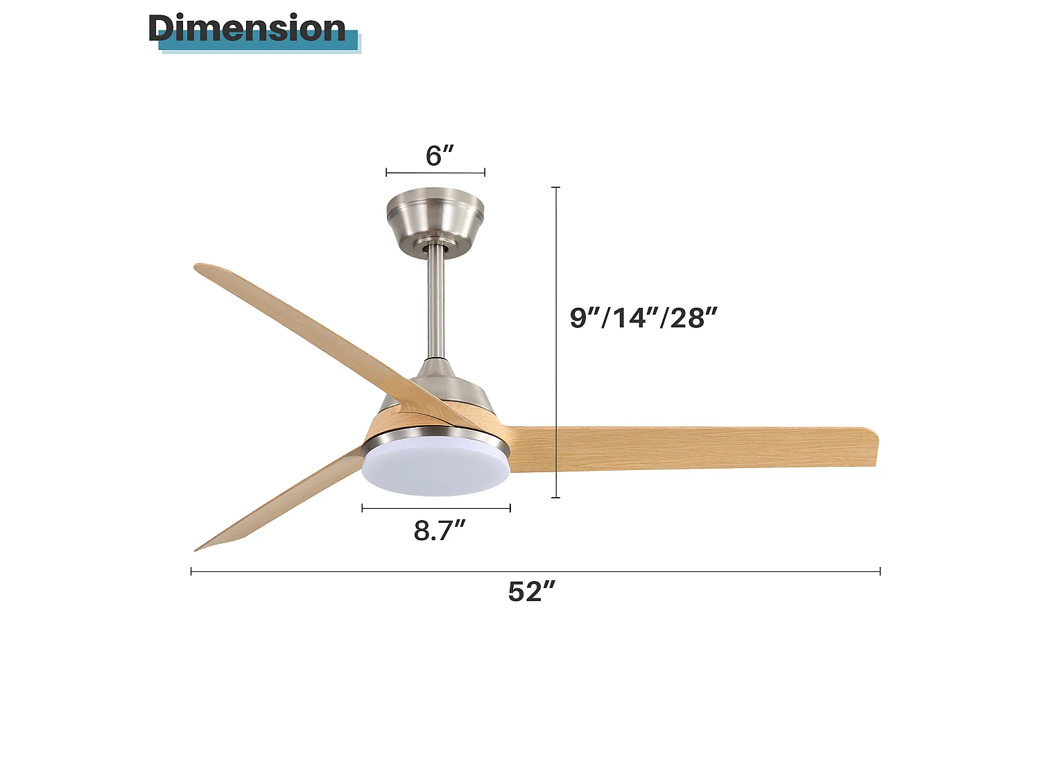 Ventilateur de plafond 132 cm avec lumière LED, télécommande, moteur DC, réversible, silencieux, naturel