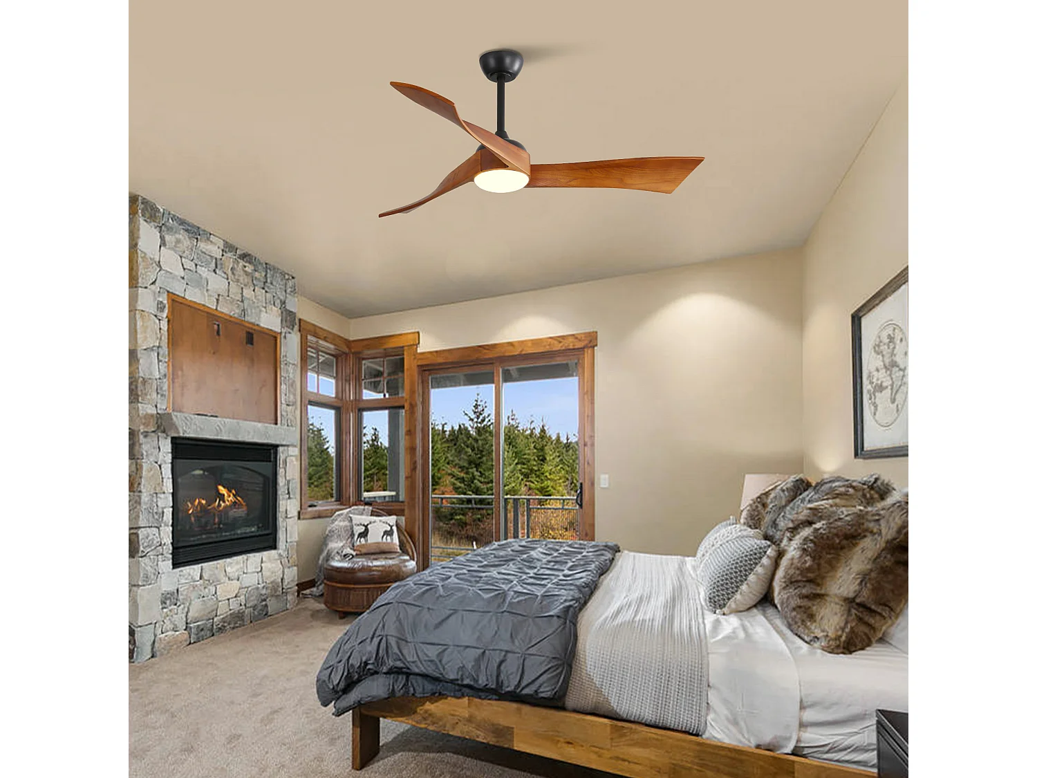 Ventilateur de plafond 132 cm avec lumière LED, télécommande, silencieux, 6 vitesses, réversible, marron