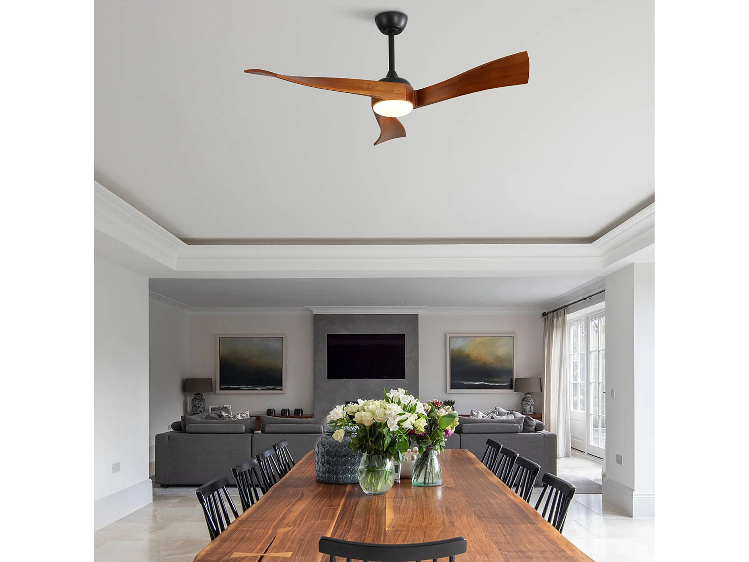 Ventilateur de plafond 132 cm avec lumière LED, télécommande, silencieux, 6 vitesses, réversible, marron