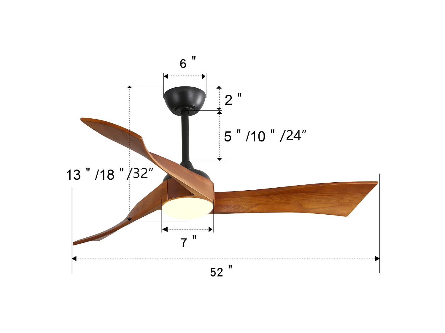 Ventilateur de plafond 132 cm avec lumière LED, télécommande, silencieux, 6 vitesses, réversible, marron