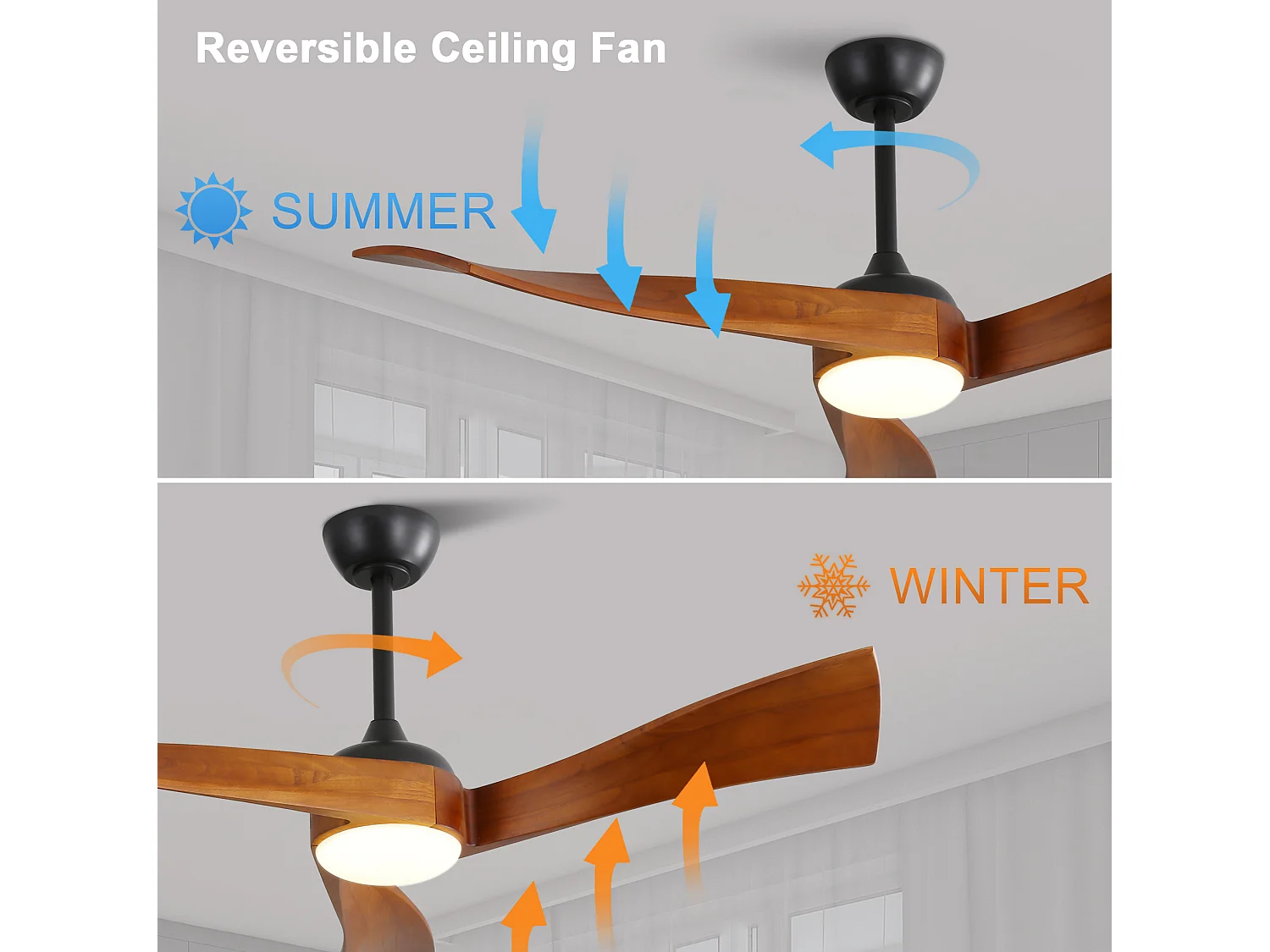 Ventilateur de plafond 132 cm avec lumière LED, télécommande, silencieux, 6 vitesses, réversible, marron