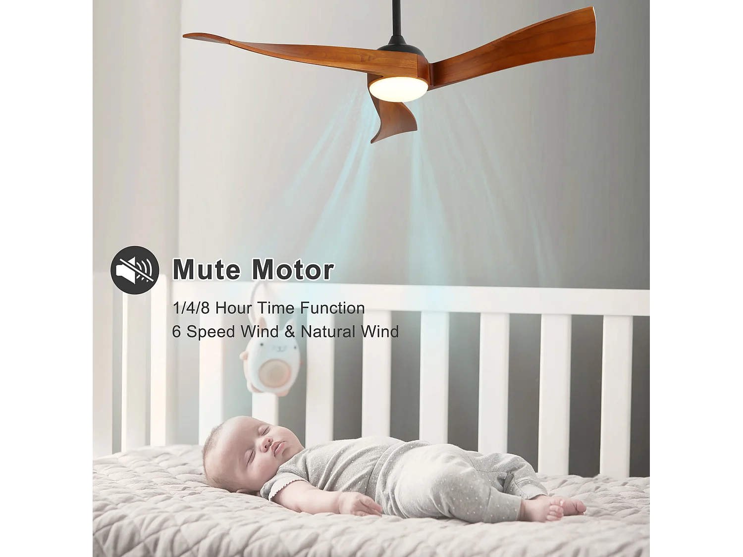 Ventilateur de plafond 132 cm avec lumière LED, télécommande, silencieux, 6 vitesses, réversible, marron