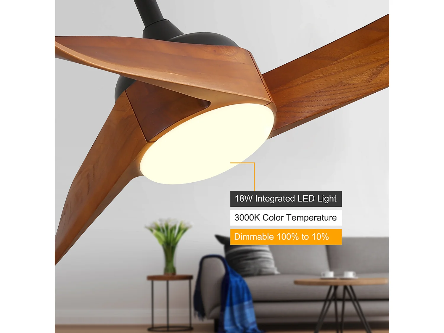 Ventilateur de plafond 132 cm avec lumière LED, télécommande, silencieux, 6 vitesses, réversible, marron