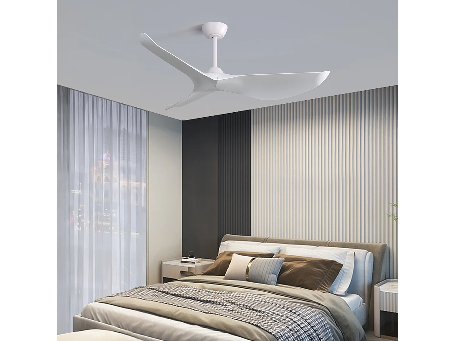Ventilateur de plafond 132 cm avec télécommande, silencieux, moteur DC réversible, 6 vitesses, blanc