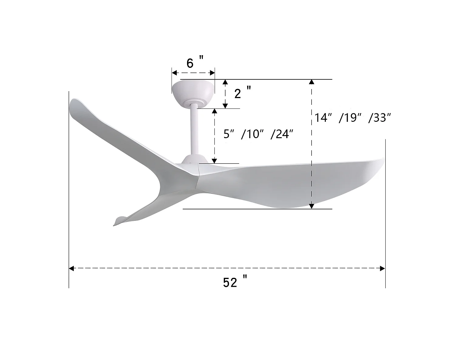 Ventilateur de plafond 132 cm avec télécommande, silencieux, moteur DC réversible, 6 vitesses, blanc