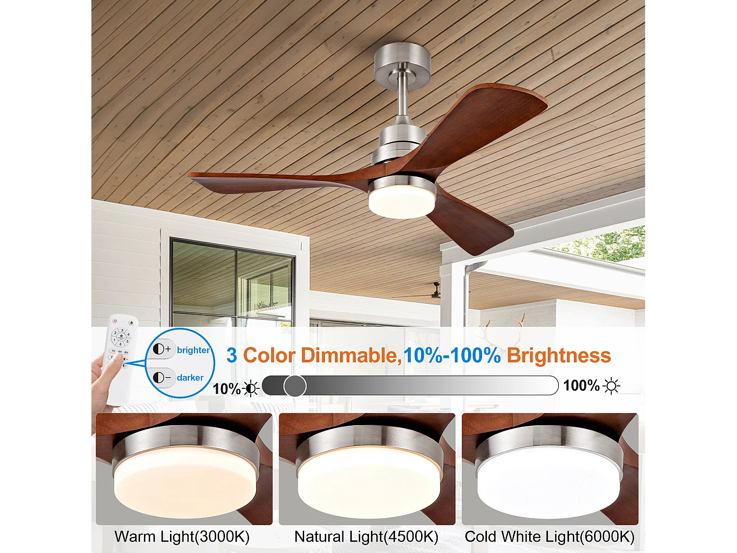 Ventilateur de plafond 107 cm, avec lumière LED, télécommande, moteur DC silencieux, 6 vitesses, réversible, nickel