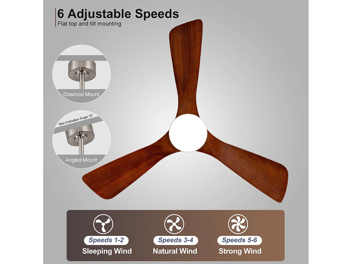 Ventilateur de plafond 107 cm, avec lumière LED, télécommande, moteur DC silencieux, 6 vitesses, réversible, nickel
