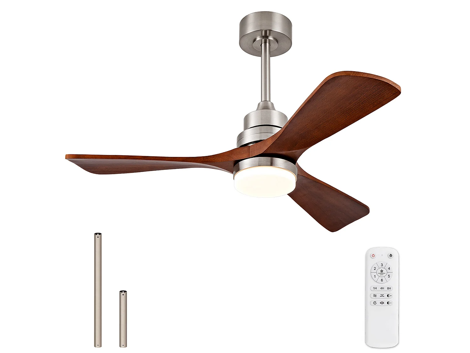 Ventilateur de plafond 107 cm, avec lumière LED, télécommande, moteur DC silencieux, 6 vitesses, réversible, nickel