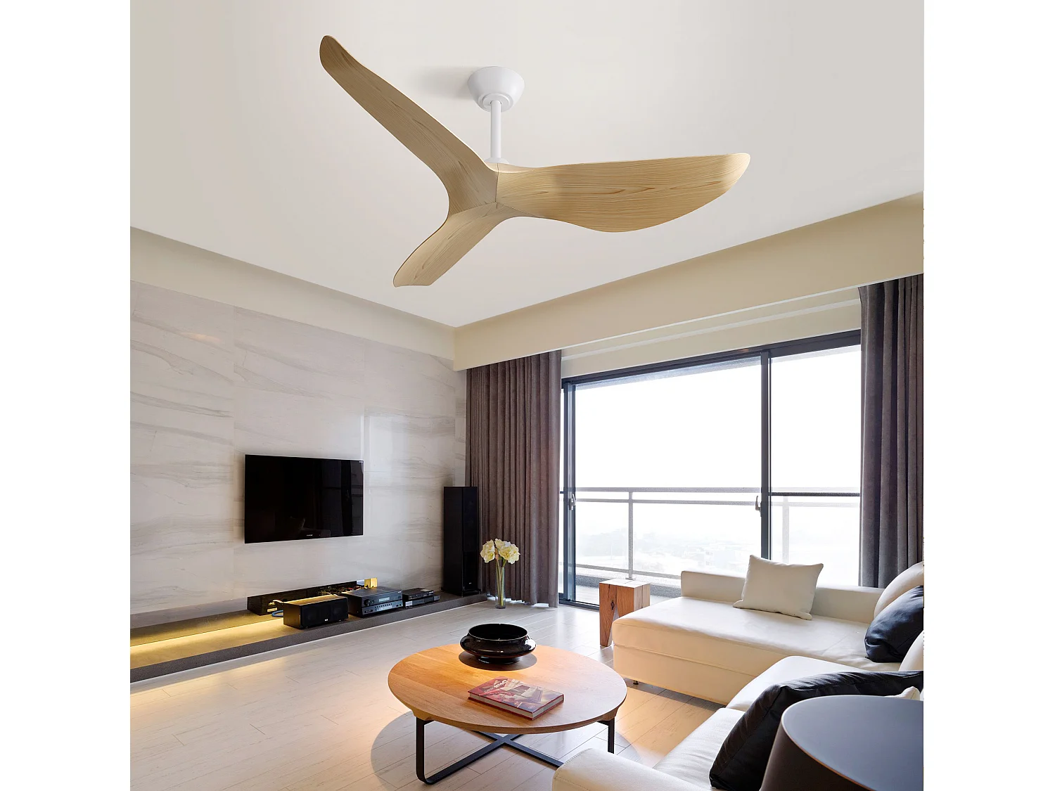 Ventilateur de plafond 132 cm avec télécommande, moteur DC réversible, silencieux, 6 vitesses, naturel