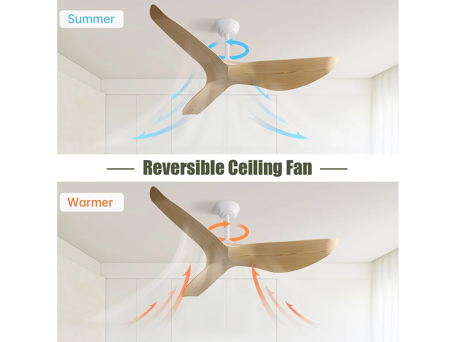 Ventilateur de plafond 132 cm avec télécommande, moteur DC réversible, silencieux, 6 vitesses, naturel