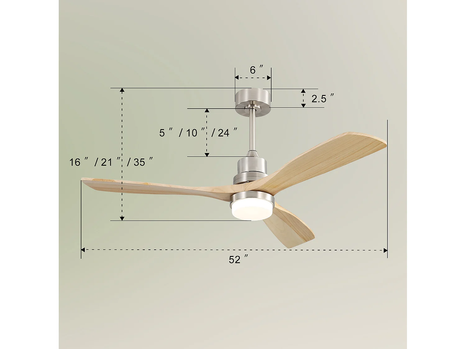 Ventilateur de plafond 132 cm avec lumière LED, télécommande, moteur DC silencieux, 6 vitesses, naturel