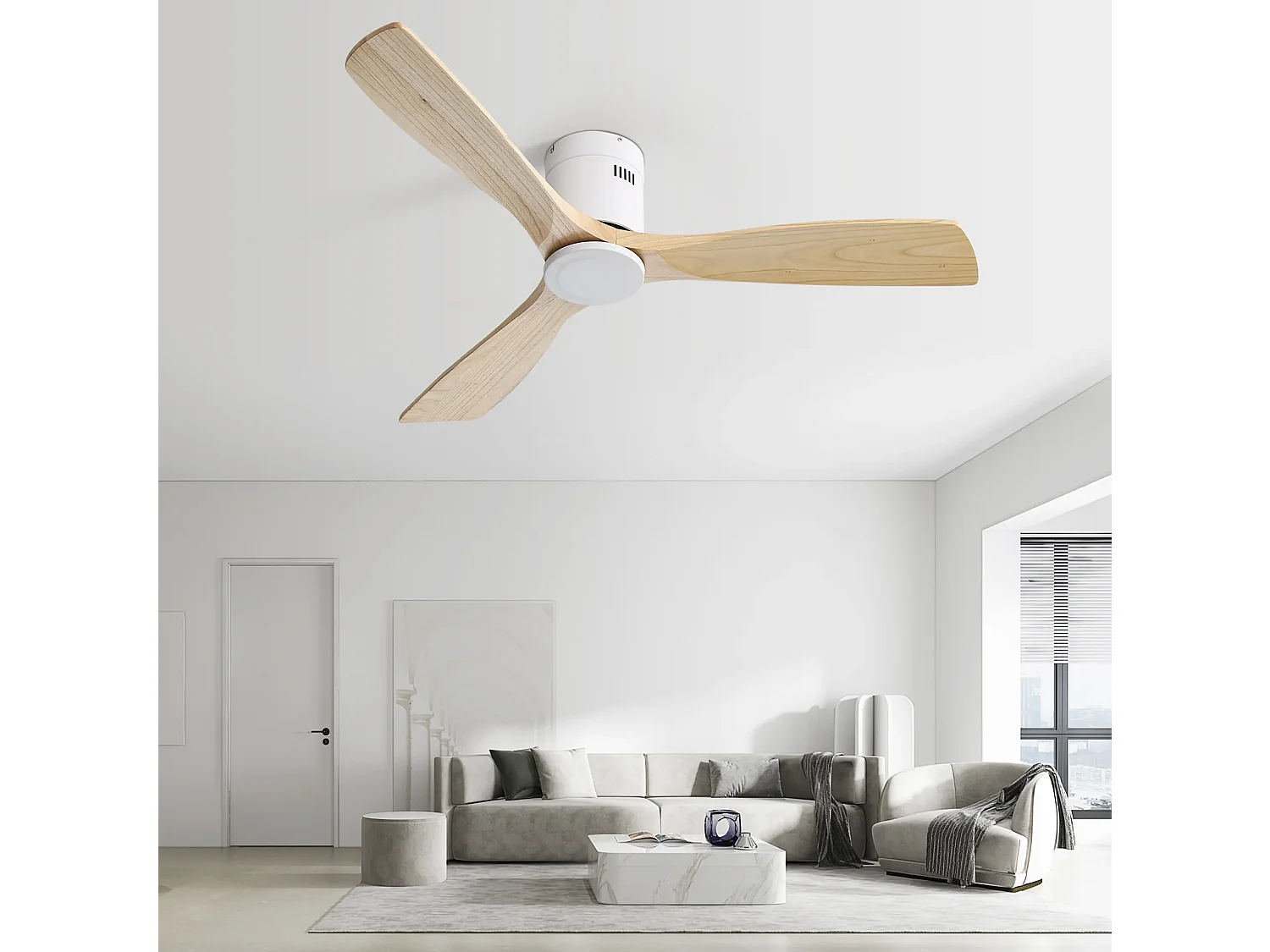 Ventilateur de plafond 132 cm avec télécommande, moteur DC réversible, silencieux, 6 vitesses, naturel