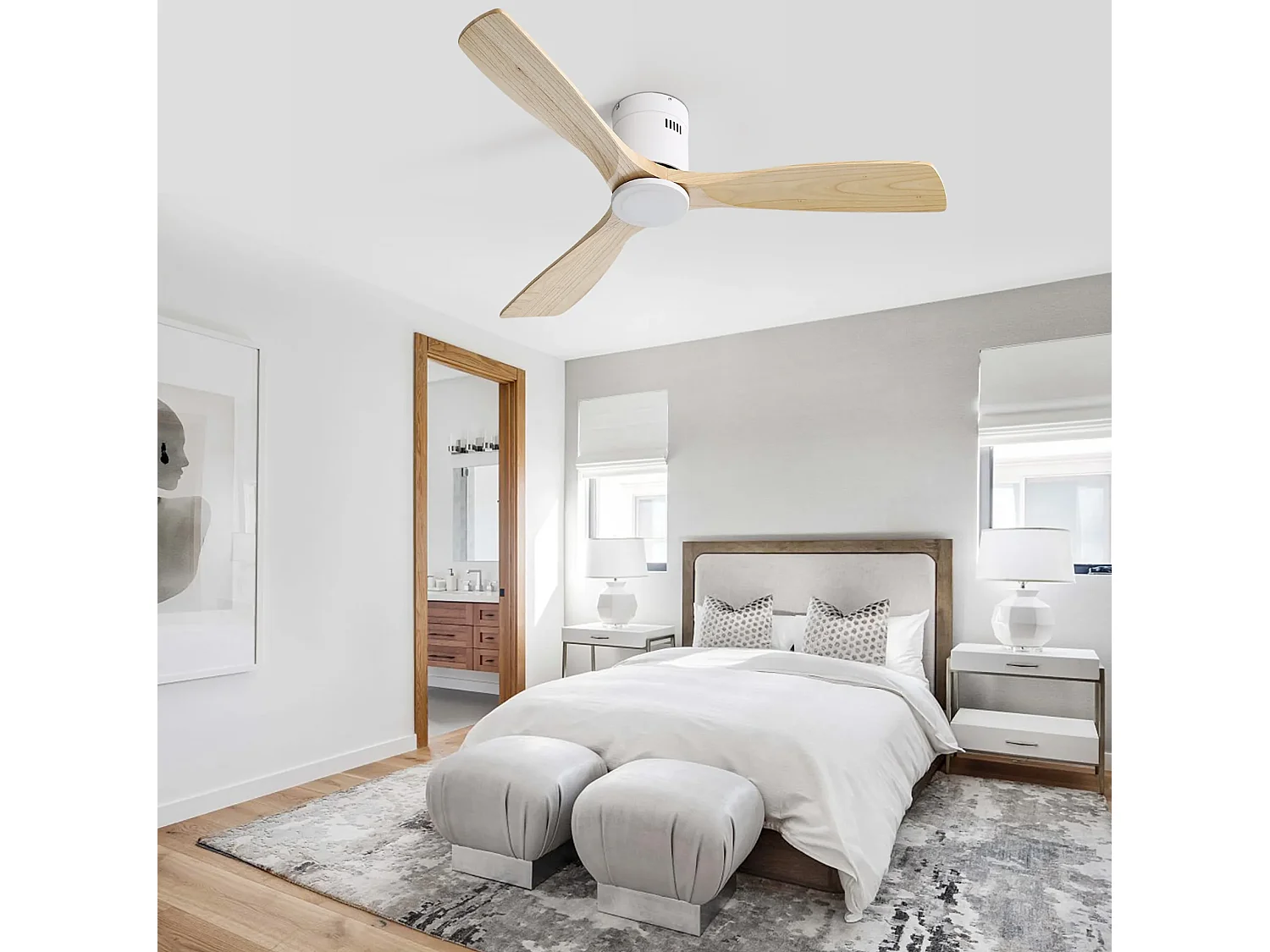 Ventilateur de plafond 132 cm avec télécommande, moteur DC réversible, silencieux, 6 vitesses, naturel