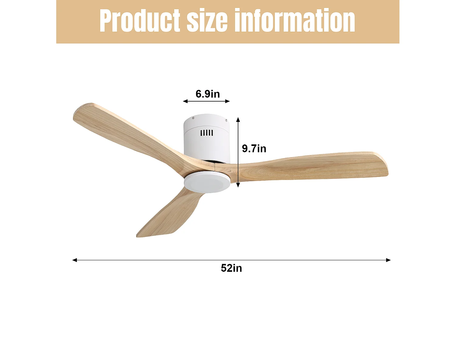 Ventilateur de plafond 132 cm avec télécommande, moteur DC réversible, silencieux, 6 vitesses, naturel