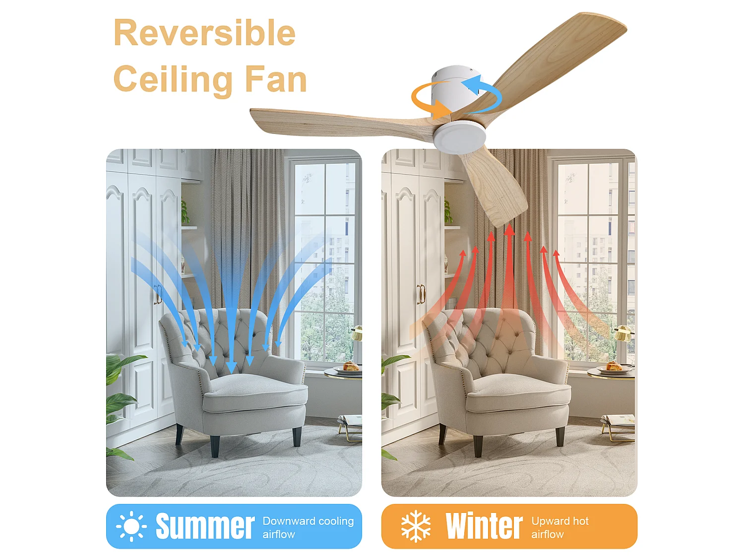 Ventilateur de plafond 132 cm avec télécommande, moteur DC réversible, silencieux, 6 vitesses, naturel