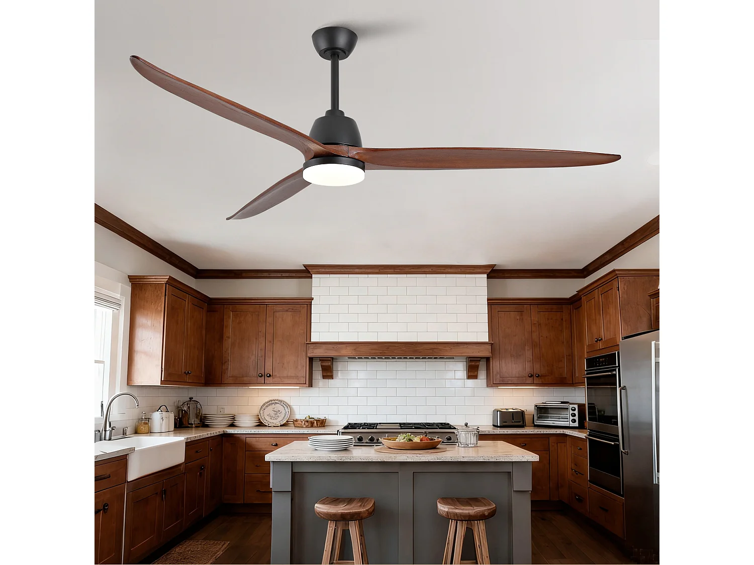 Ventilateur de plafond silencieux 178 cm avec éclairage LED, moteur DC réversible, dimmable, noyer