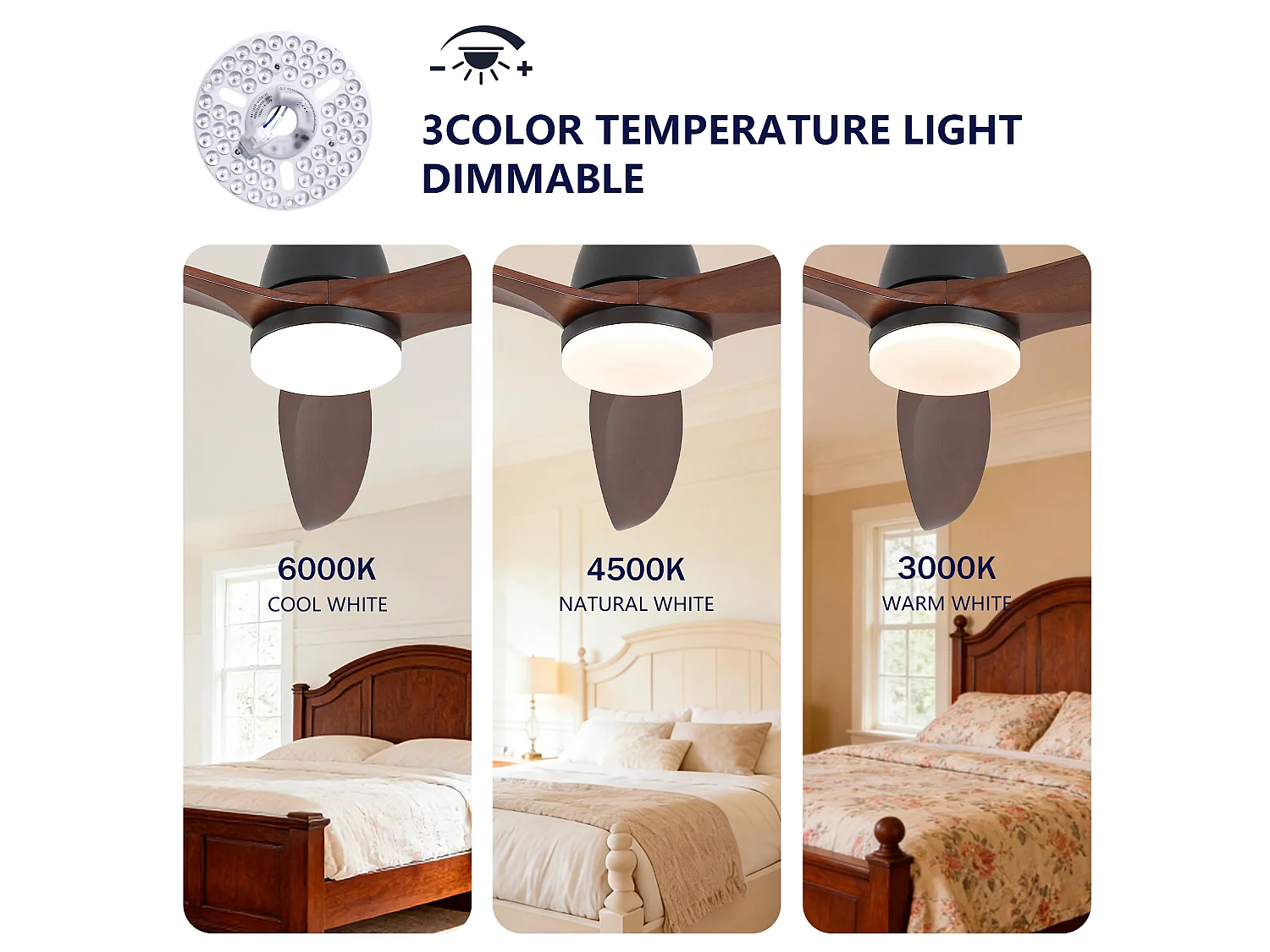 Ventilateur de plafond silencieux 178 cm avec éclairage LED, moteur DC réversible, dimmable, noyer