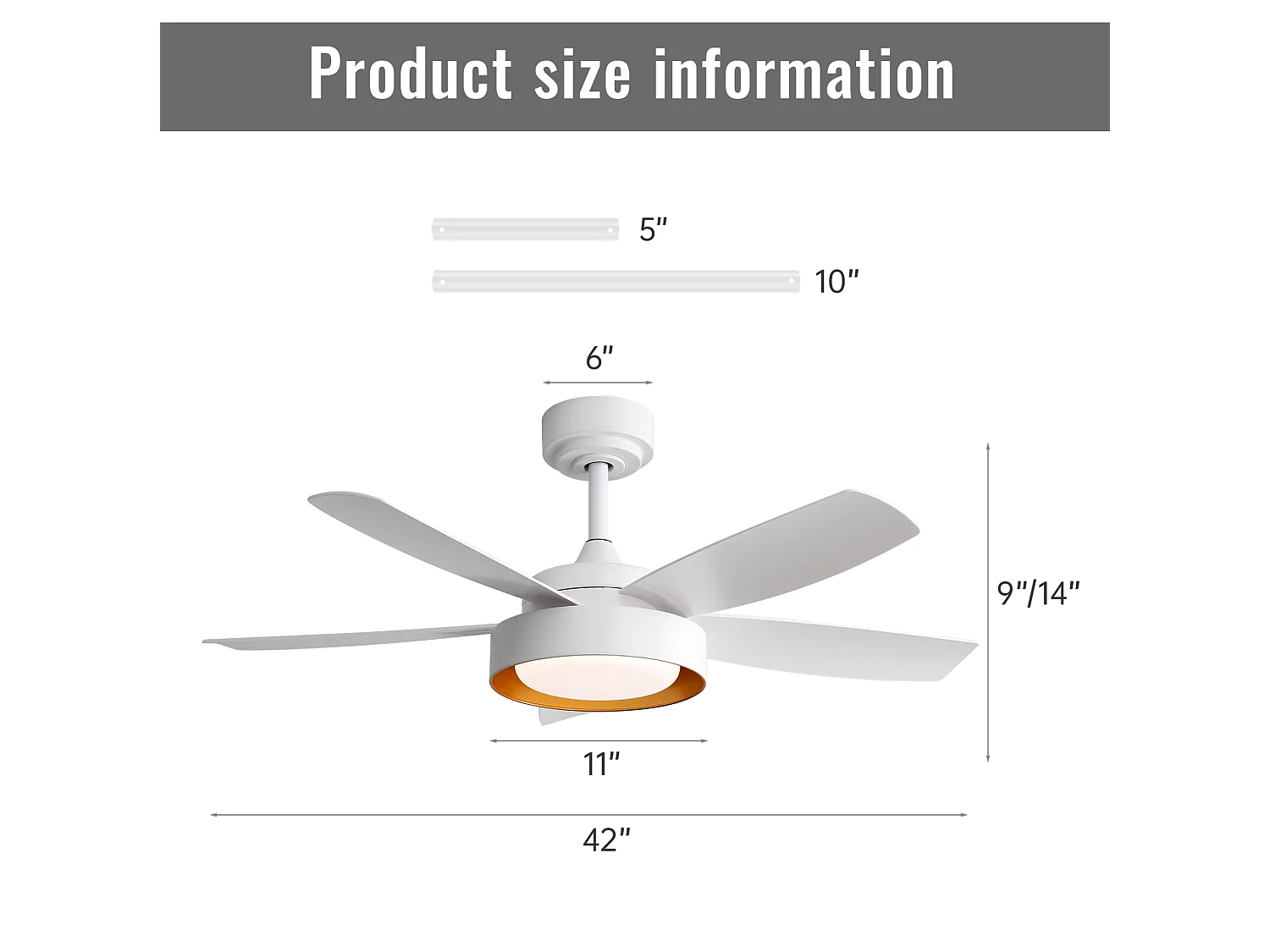 Ventilateur de plafond 107 cm avec lumière LED, télécommande, moteur DC, réversible, 6 vitesses, blanc