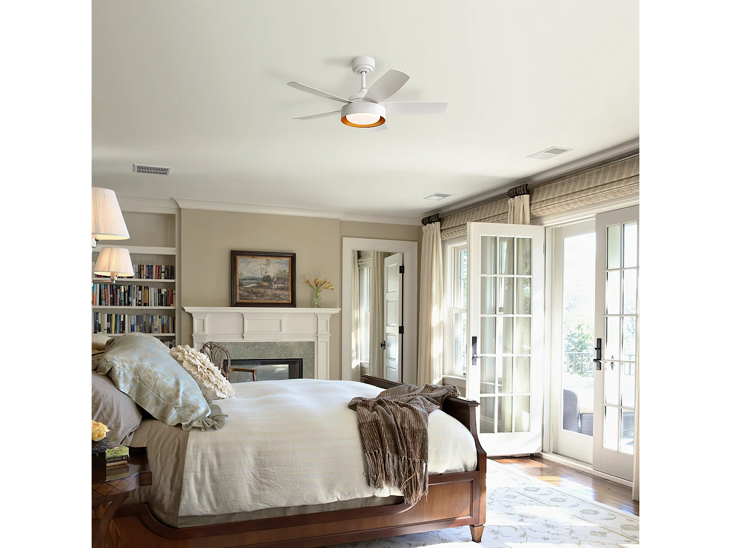 Ventilateur de plafond 107 cm avec lumière LED, télécommande, moteur DC, réversible, 6 vitesses, blanc