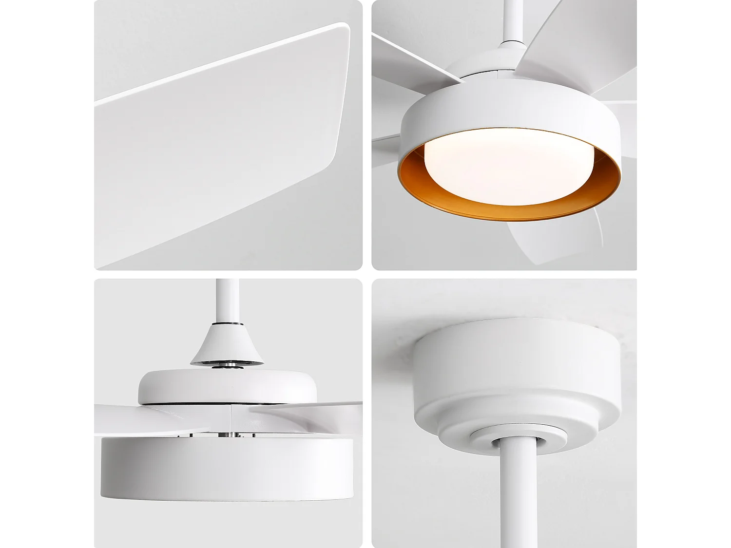 Ventilateur de plafond 107 cm avec lumière LED, télécommande, moteur DC, réversible, 6 vitesses, blanc