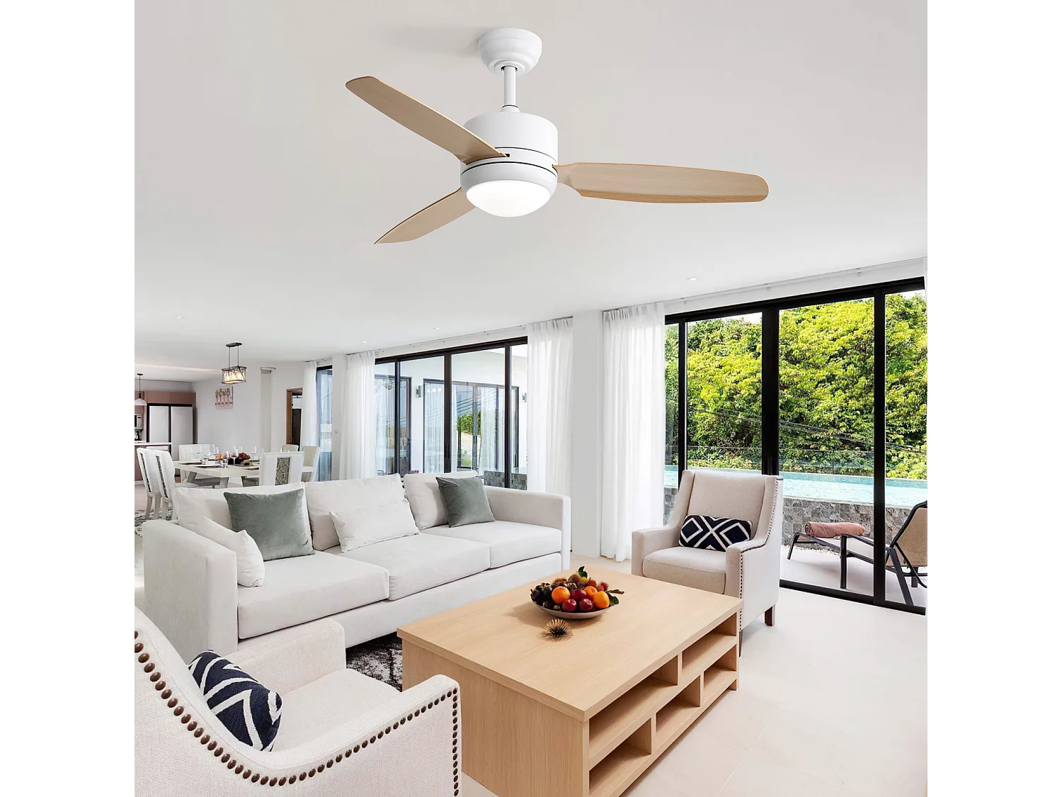 Ventilateur de plafond 117 cm avec lumière LED, avec télécommande, moteur DC silencieux, 6 vitesses, naturel