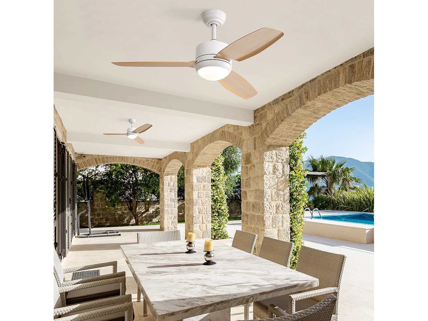 Ventilateur de plafond 117 cm avec lumière LED, avec télécommande, moteur DC silencieux, 6 vitesses, naturel