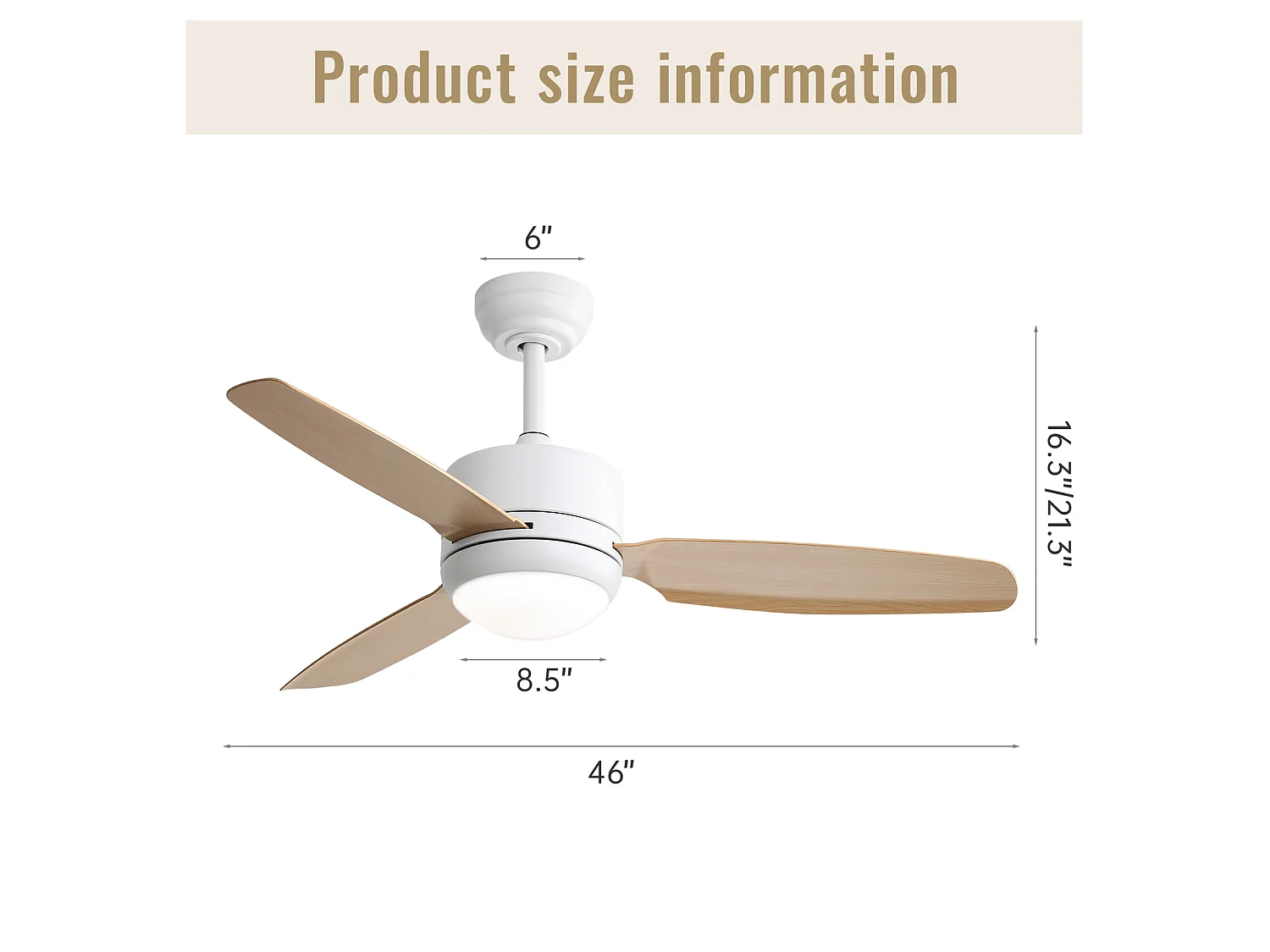 Ventilateur de plafond 117 cm avec lumière LED, avec télécommande, moteur DC silencieux, 6 vitesses, naturel