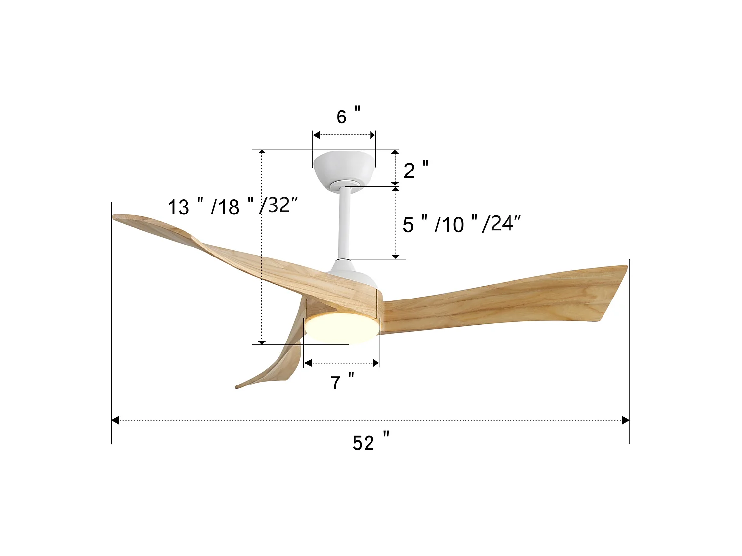 Ventilateur de plafond 132 cm avec lumière LED, télécommande, silencieux, moteur DC, 6 vitesses, naturel