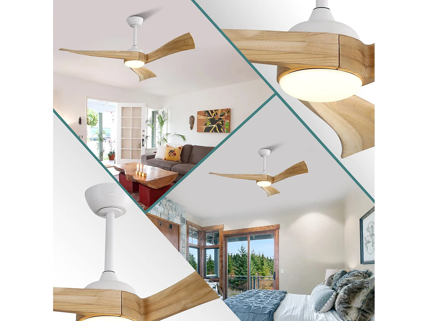 Ventilateur de plafond 132 cm avec lumière LED, télécommande, silencieux, moteur DC, 6 vitesses, naturel
