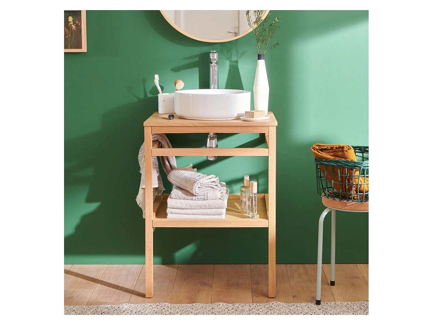 Mueble simple 60cm roble con lavabo redondo blanco HOPP