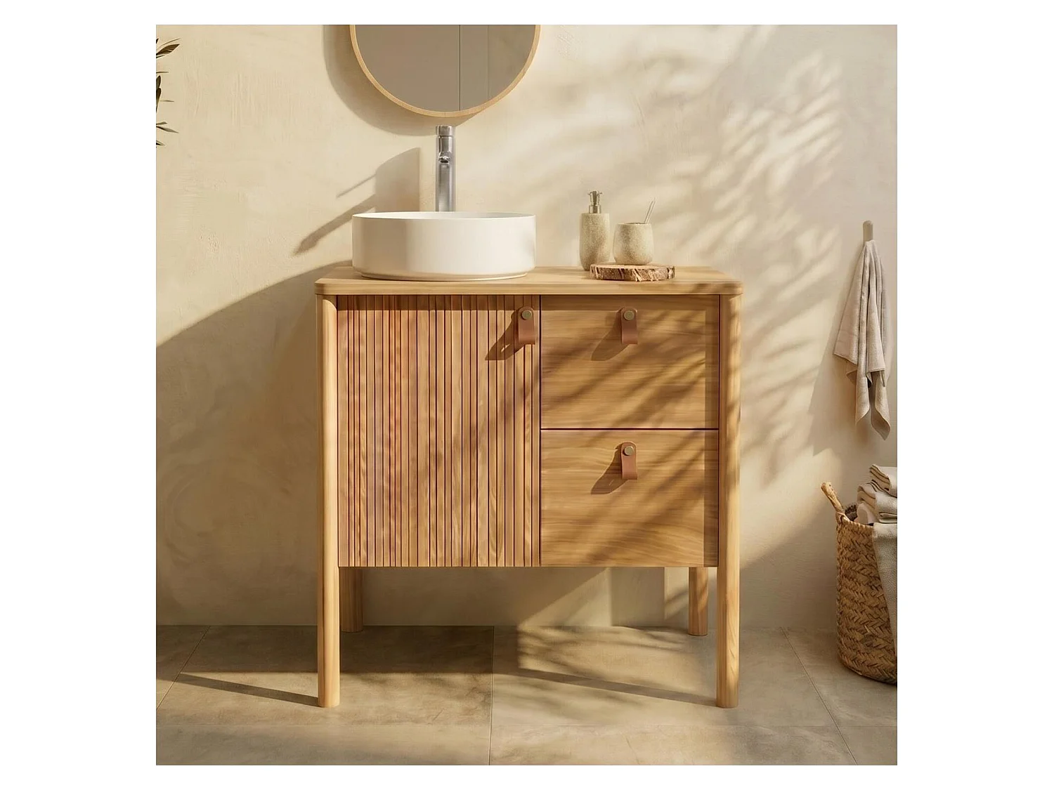 Mobile rovere 80cm con piedini e lavabo ceramica bianca JOY