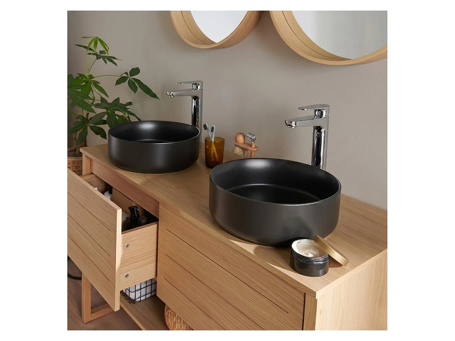 Mueble doble 120cm roble lavabos negros y grifos ATOLL