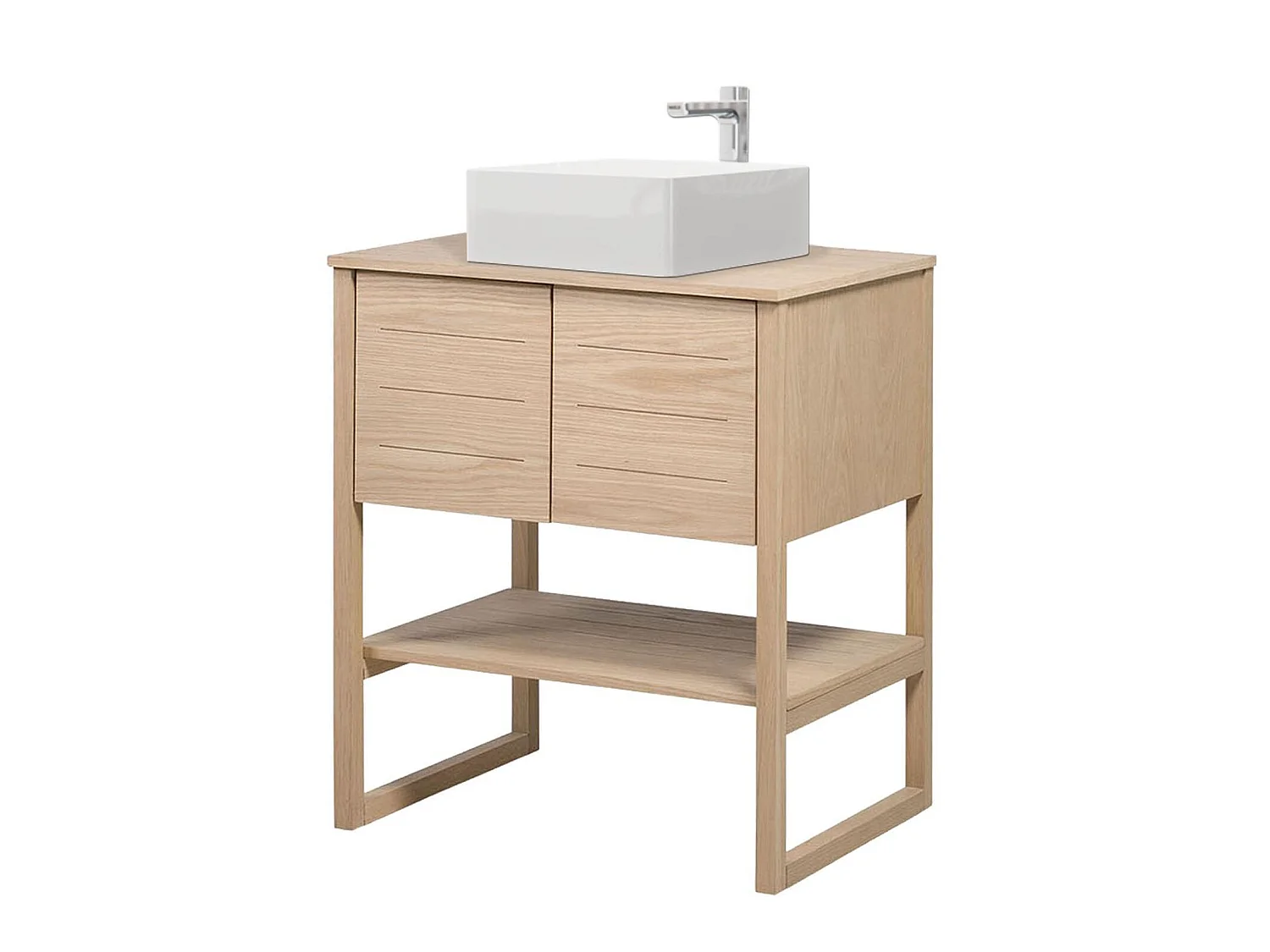 Mueble 70cm roble lavabo cuadrado blanco grifo cromado ATOLL