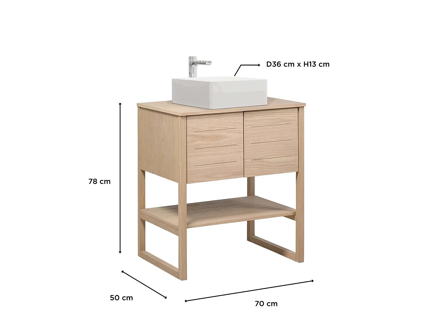 Mueble 70cm roble lavabo cuadrado blanco grifo cromado ATOLL