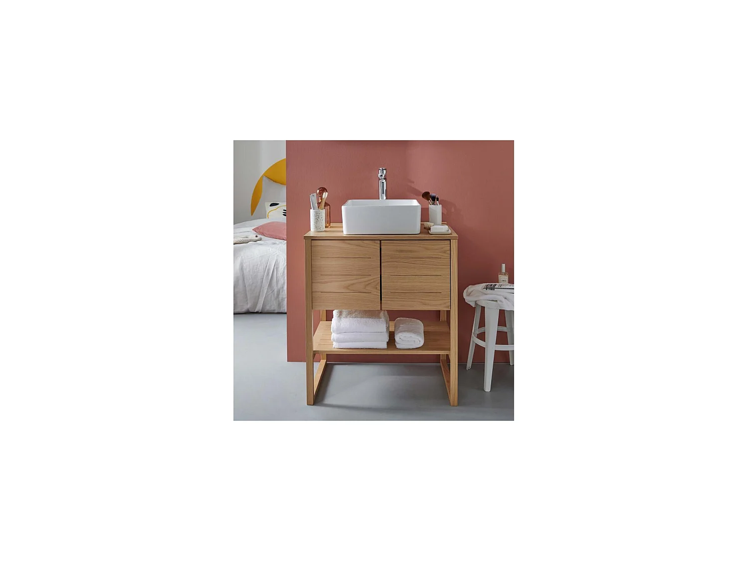 Mueble 70cm roble lavabo cuadrado blanco grifo cromado ATOLL