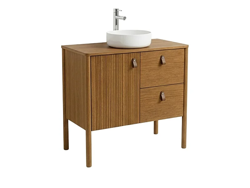 Mueble roble 80cm con patas y lavabo cerámica blanca JOY