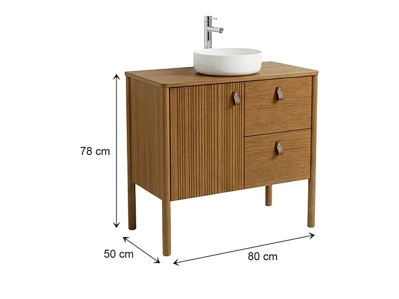 Mueble roble 80cm con patas y lavabo cerámica blanca JOY